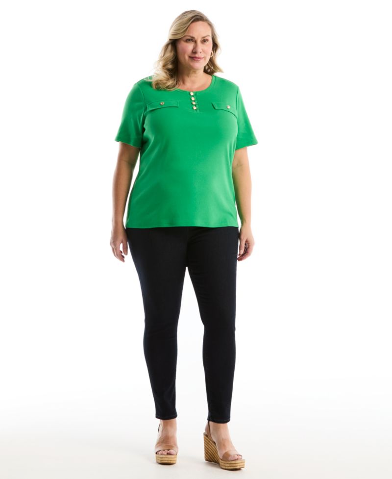 Plus Size Welt Pocket Button Detail Short-Sleeve Top