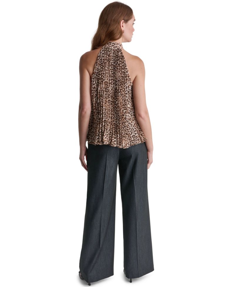 Women's Halter Leopard-Print Pleated Tank Top