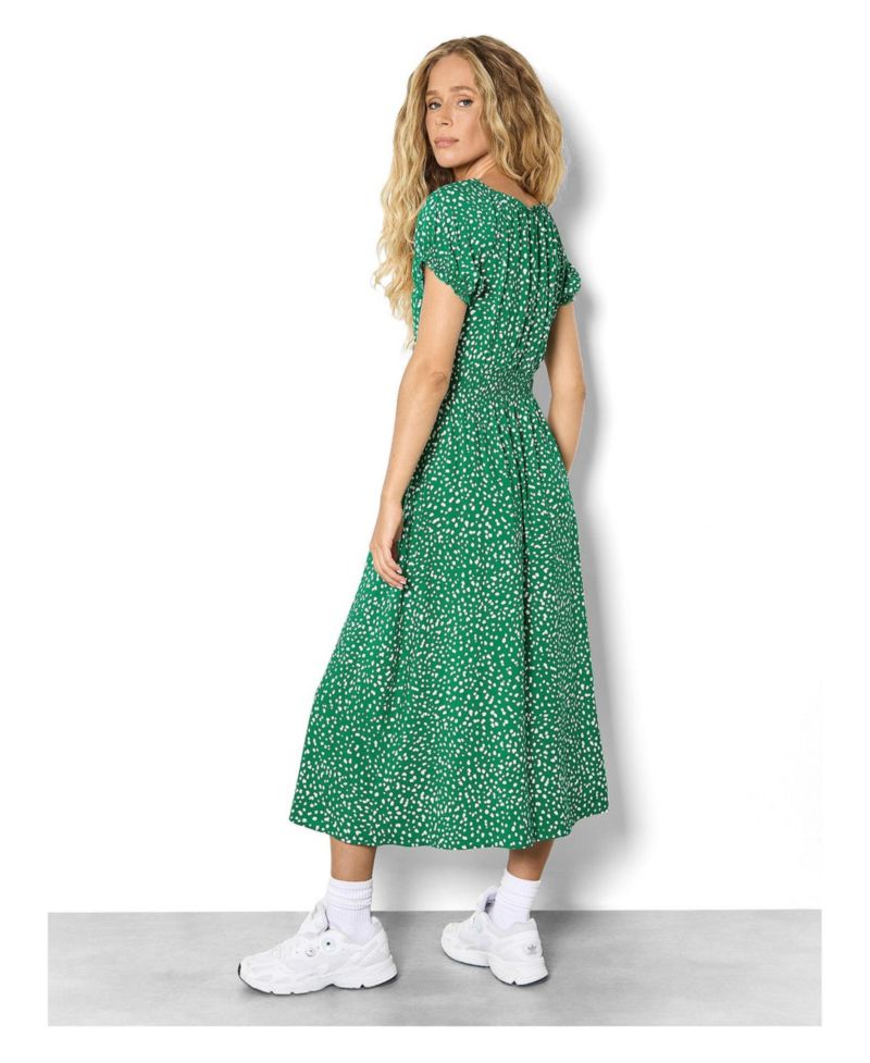 Women's Milkmaid Midi Spot Printed Smocked-Waist Puff-Sleeve Dress