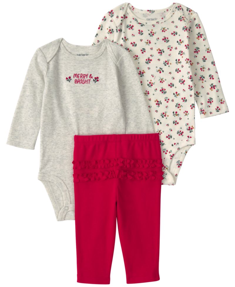 Baby Girls' Floral Long-Sleeve Bodysuits and Pants, 3-Piece Set
