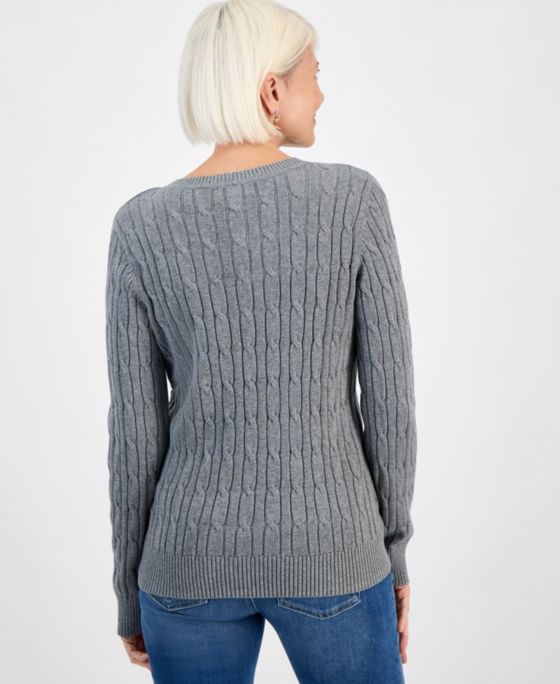 Petite Cotton Cable-Knit V-Neck Sweater