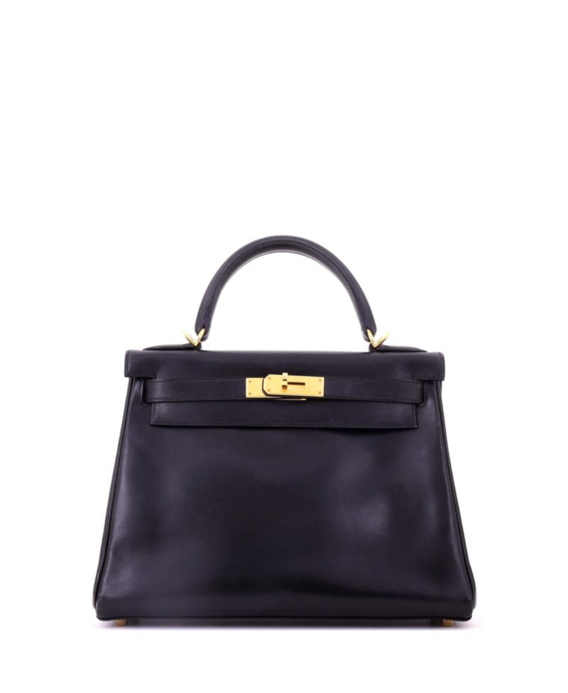 Kelly 28 Handbag Black Box Calf with Gold Hardware