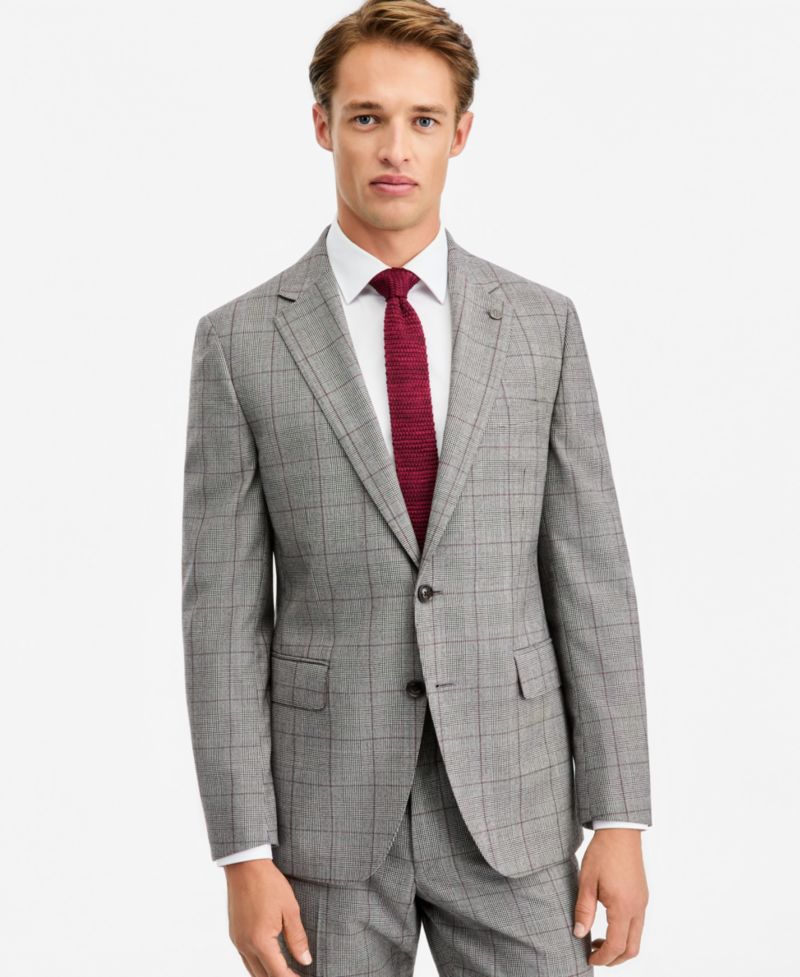 Men's Modern-Fit Gray & Wine Plaid Suit Separate Jacket