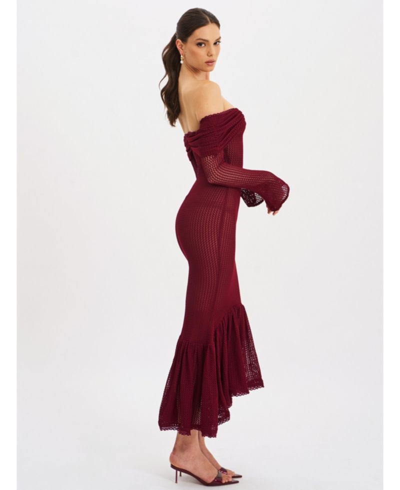 Women Kaedyn Burgundy Off Shoulder Long Sleeve Crochet Mermaid Maxi Dress