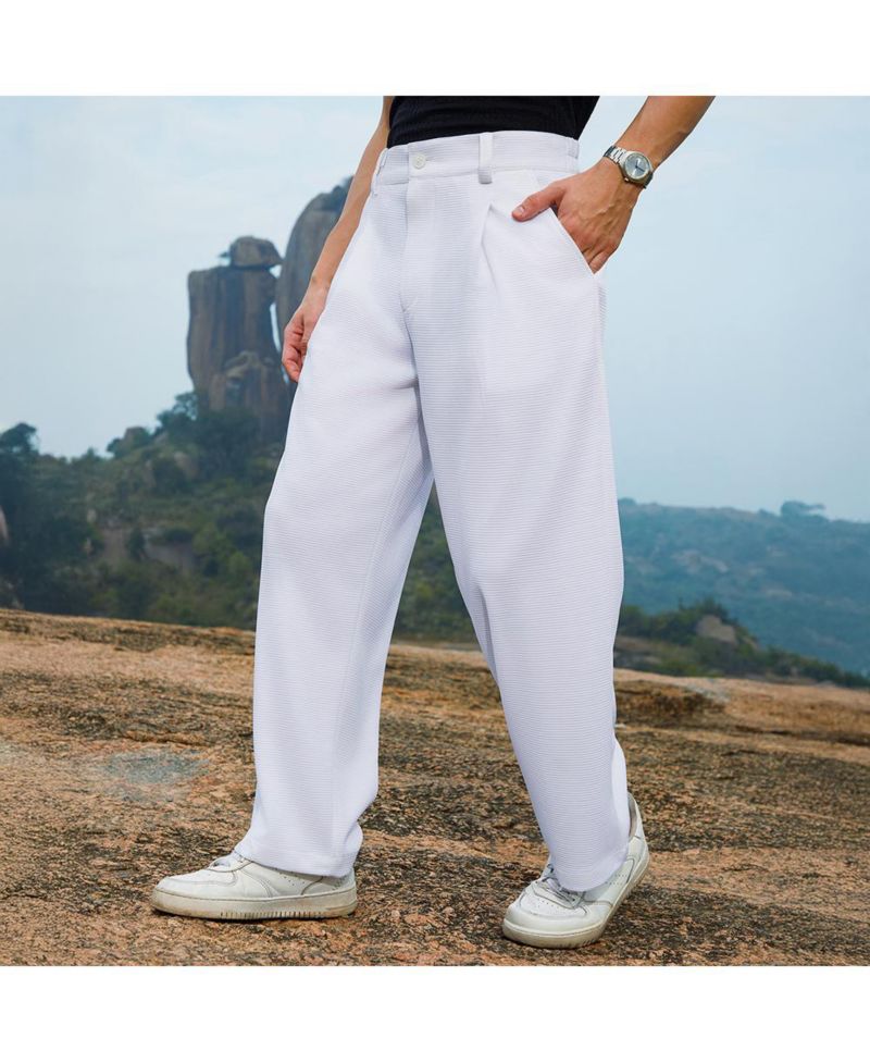 Men's Cream White Straight-Fit Ribbed Trousers