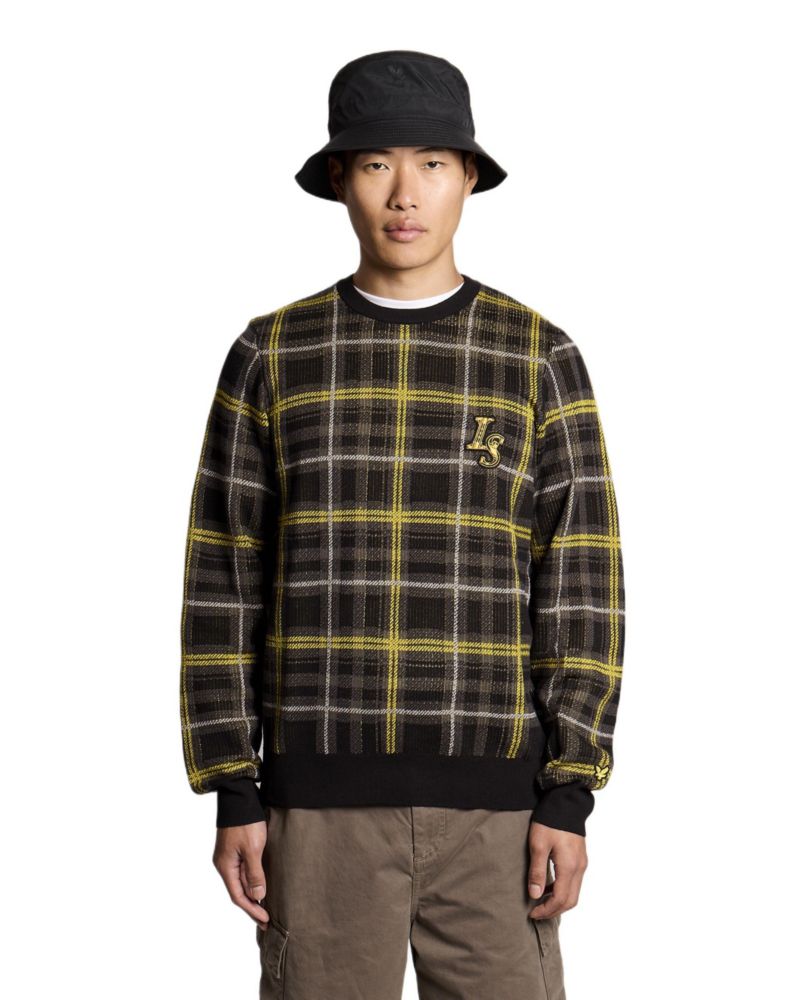 Men's Ribbed Jacquard Tartan Crew Neck