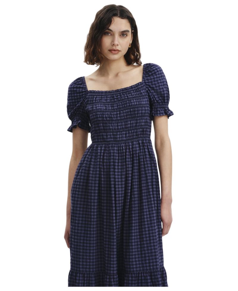 Women's Dawn Plaid Square Neck Midi Dress with Pockets