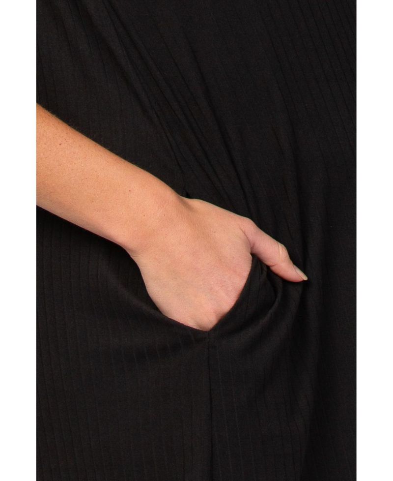 Women's Black Ribbed Curved Hem Midi Dress