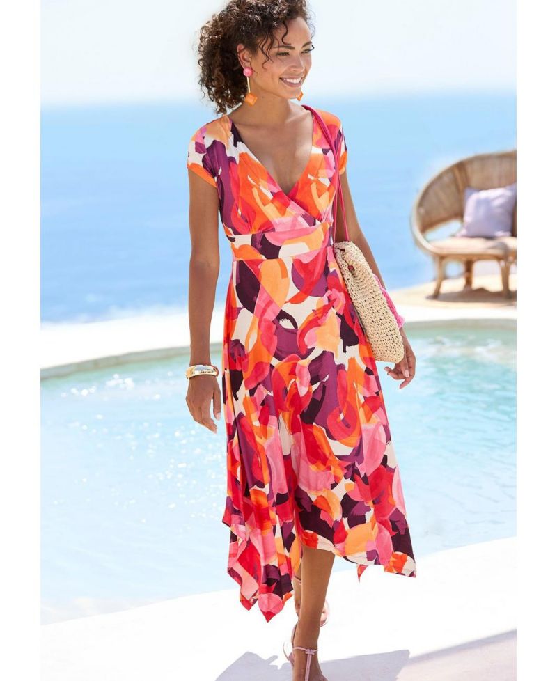 Women's Viscose Printed Handkerchief V-Neck Tie-Waist Midi Dress
