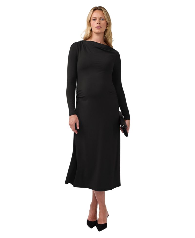 Maternity Long-Sleeve Mock-Neck Ruched Midi Dress