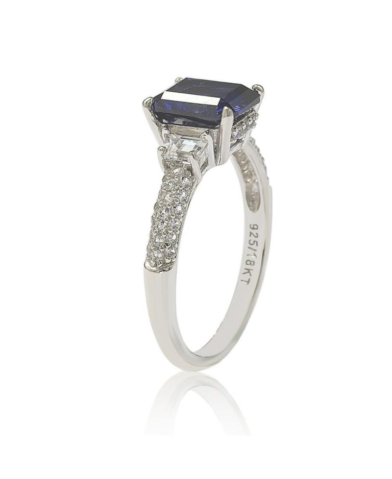 Suzy Levian Sterling Silver Sapphire & Created White Sapphire Emerald Cut Proposal Ring