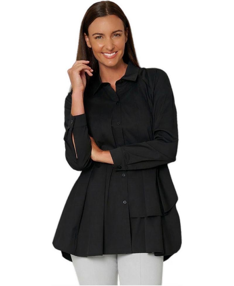 Women's Asymmetrical Tier Collared Button-Front Shirt Top Sensation Tunic