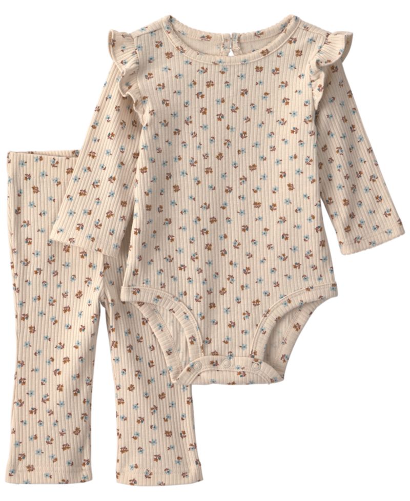 Baby Girls' Floral Print Ribbed Long-Sleeve Bodysuit and Pants, 2-Piece Set