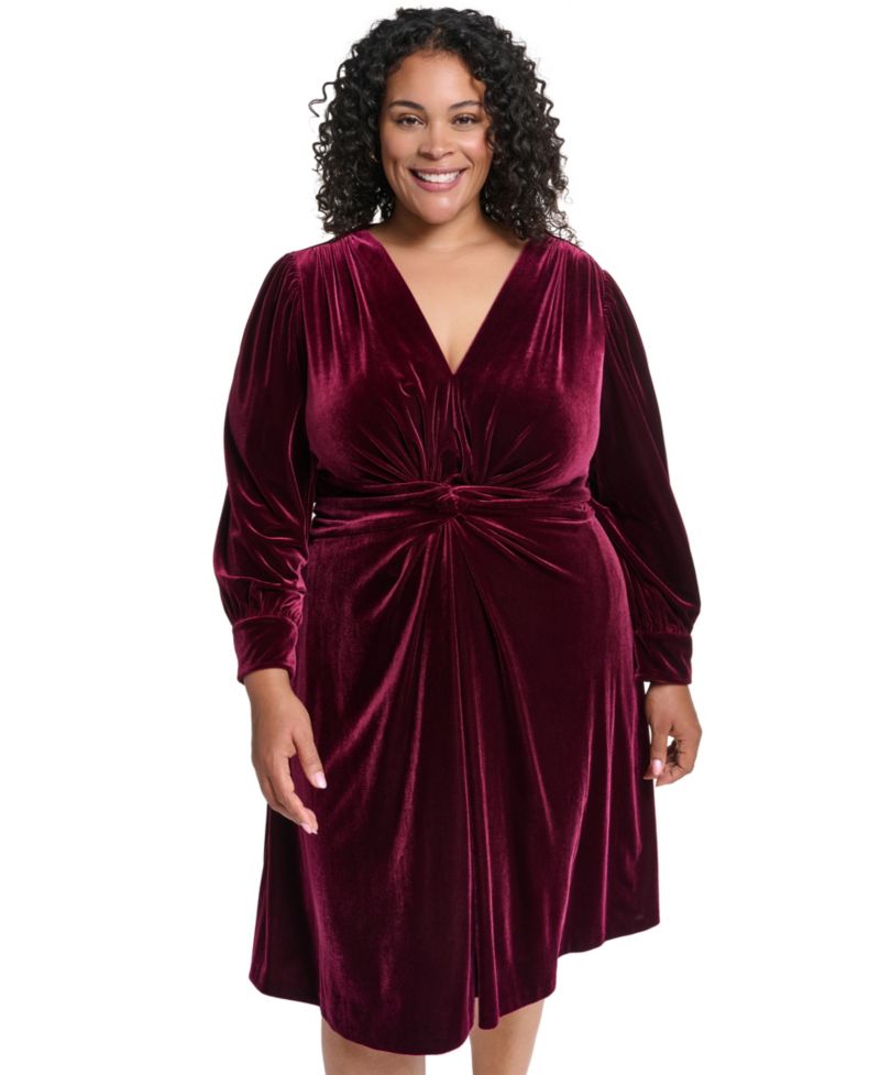 Plus Size Twist Front Long-Sleeve Cocktail V-Neck Velvet Dress