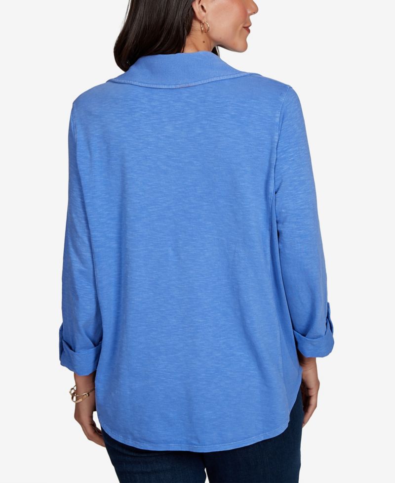Petite Rib Trim Button-Front Knit Top