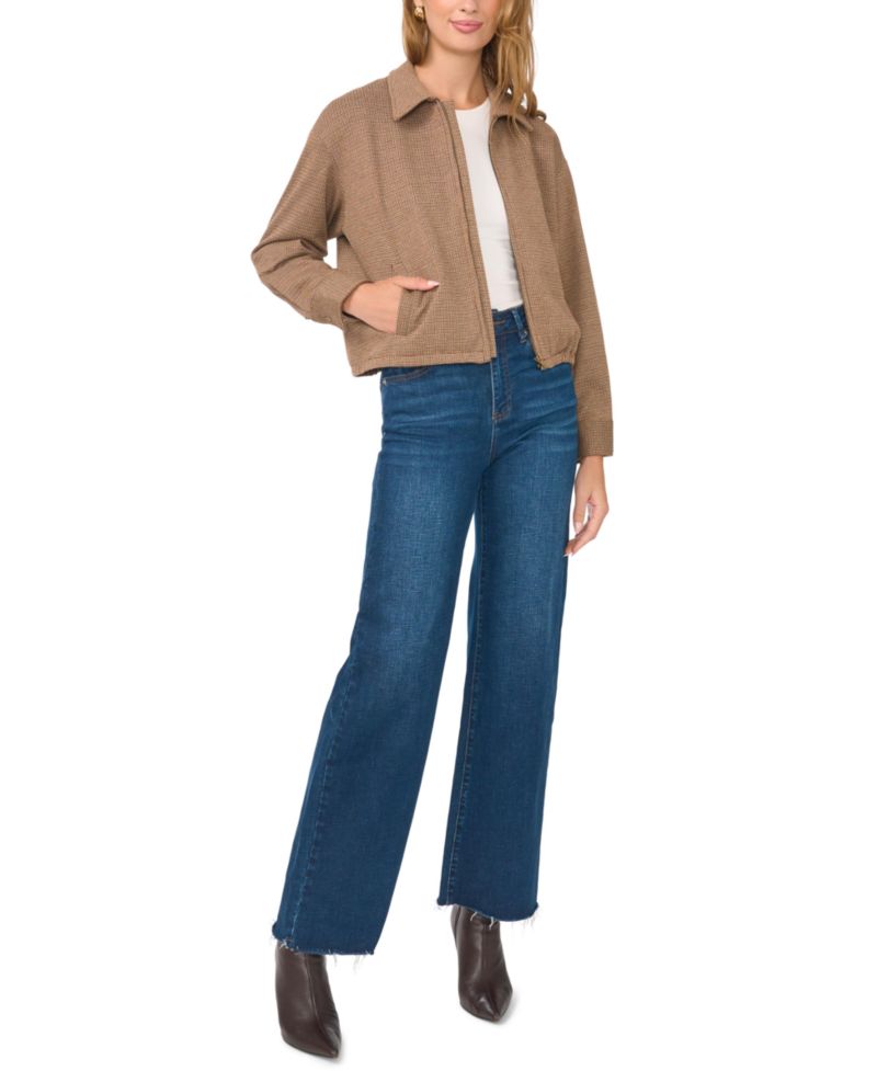 Women's Collared Bubble Front Waffle-Knit Bomber Zip Jacket