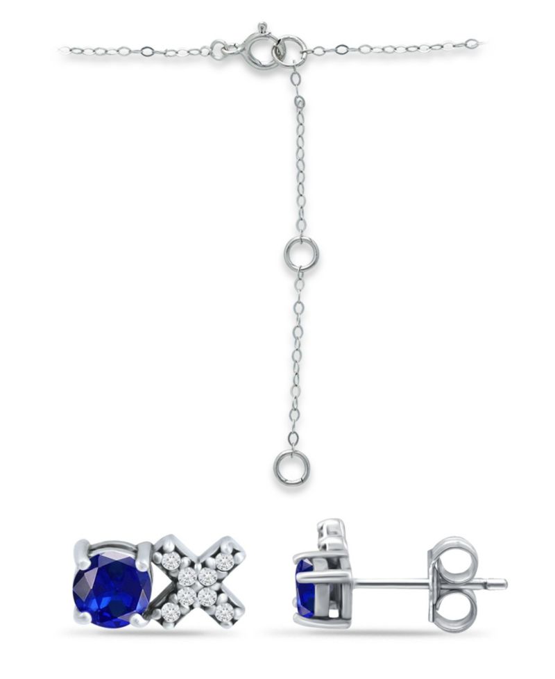Simulated Blue Sapphire and Cubic Zirconia "XO" Pendant and Earring Set, 3 Piece