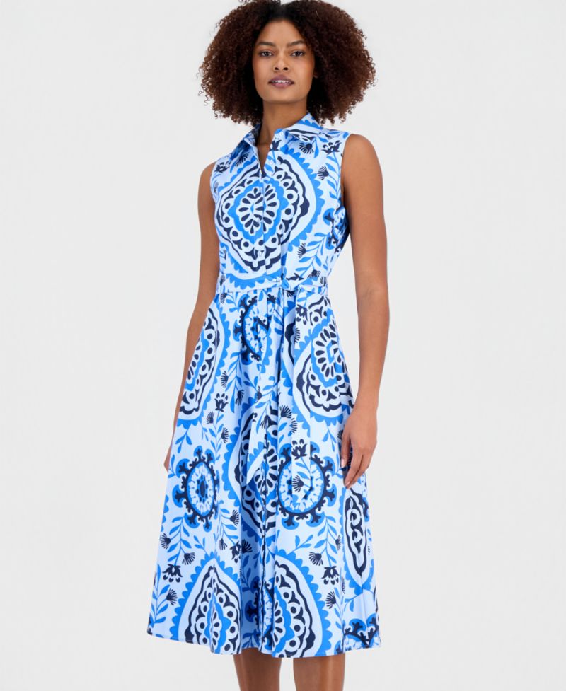 Women's Printed Sleeveless Belted Shirtdress