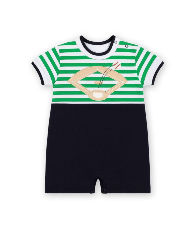 Baby Boy Stripe Knit Shortall With Baseball Field