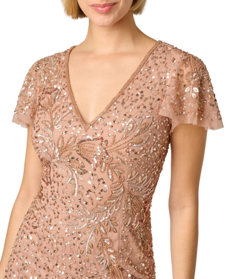 Women's Embellished V-Neck Flutter-Sleeve Sheath Dress