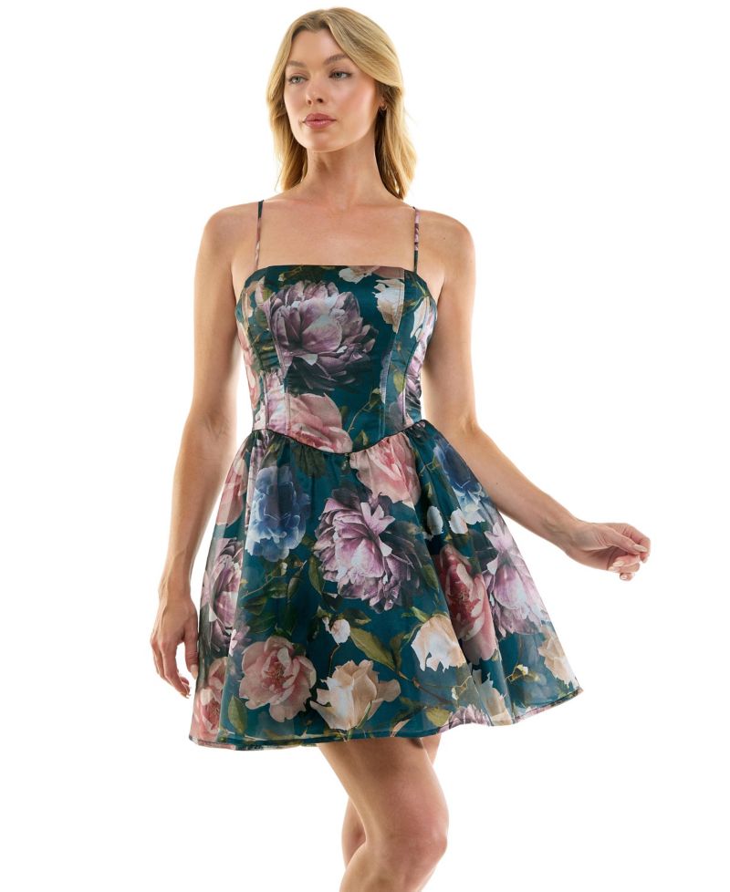 Juniors' Floral Printed Organza Square Neck Mini Dress
