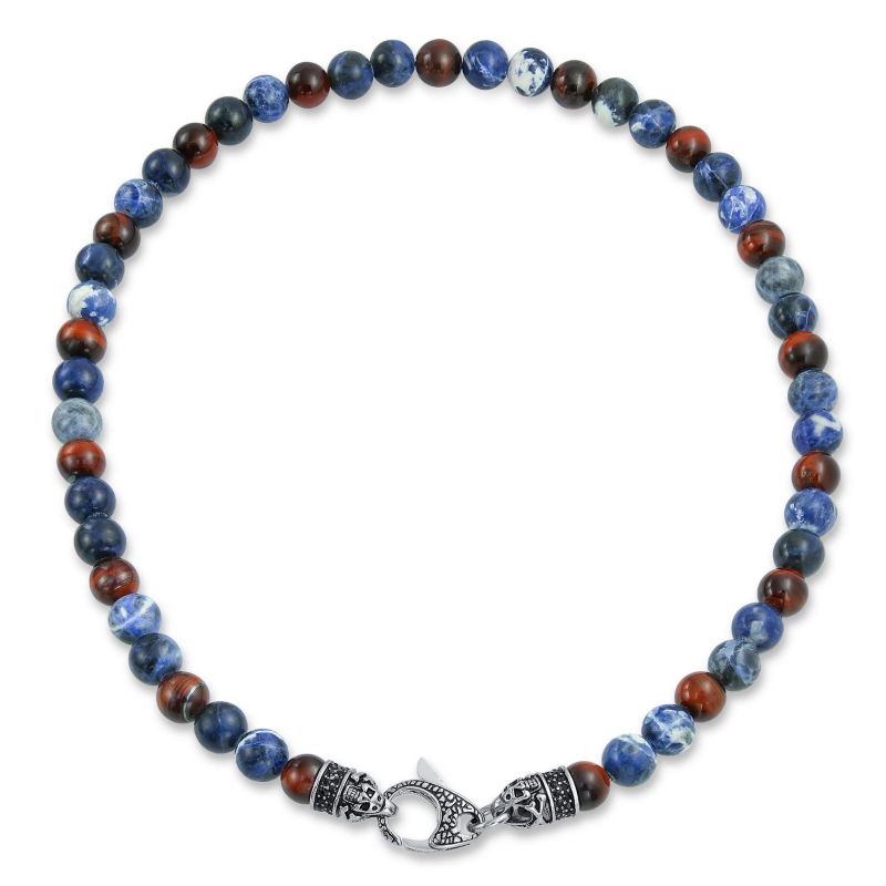 Blue Sodalite Brown Tiger Eye Ball Bead Strand Necklace Stainless Steel