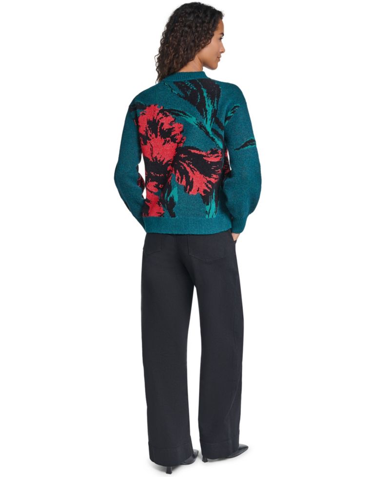 Women's Floral-Print Long-Sleeve Crewneck Sweater