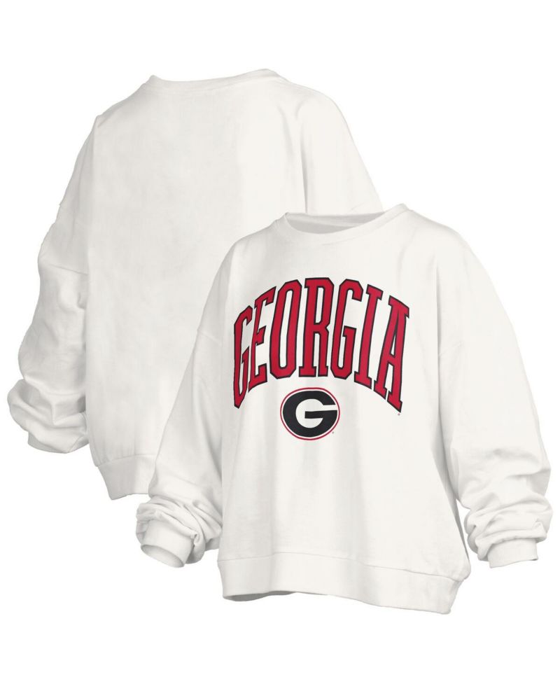 Women's White Georgia Bulldogs Janise Arch Over Logo Waist Length Oversized Pullover Sweatshirt