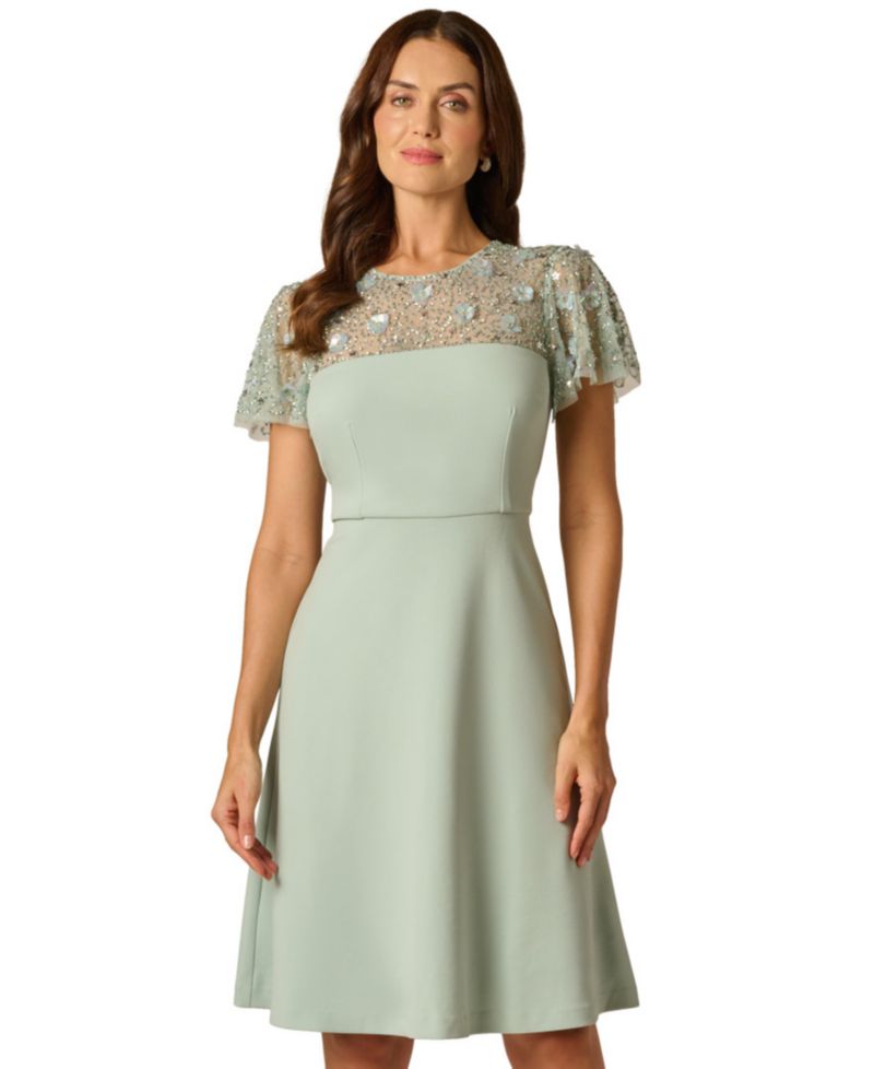 Women's Bead Crepe Crewneck Illusion Dress