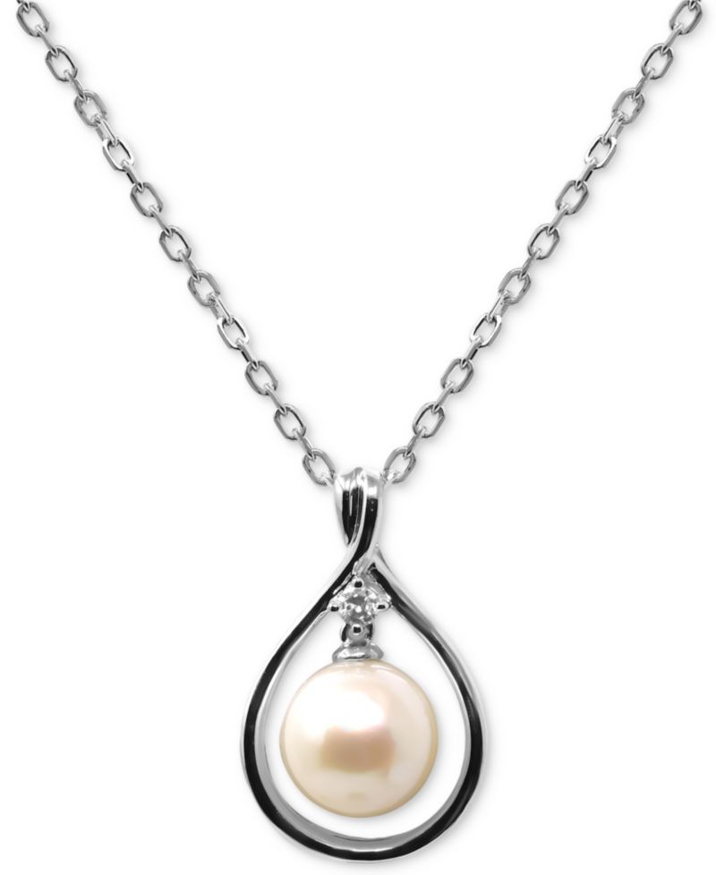 Cultured Freshwater Pearl (8mm) & Diamond Accent Orbital Teardrop 18" Pendant Necklace in Sterling Silver