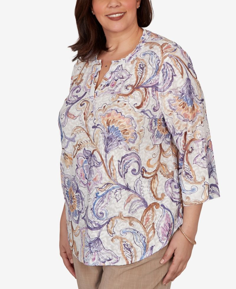 Plus Size Grand Bazaar Jacobean Floral Split Neck Top