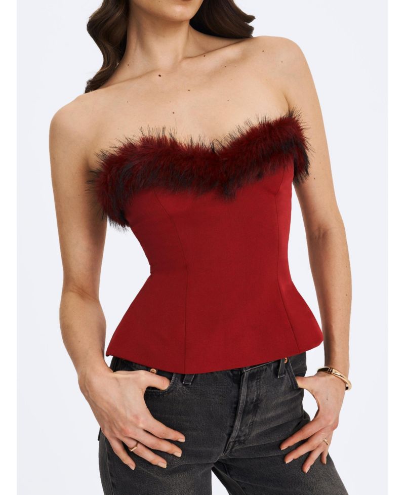 Women's Ivette Crimson Fur-Trimmed Peplum Top