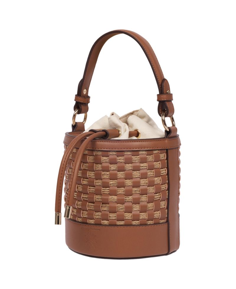 Raffia and Woven Drawstring Bucket Bag - Convertible Top Handle and Crossbody