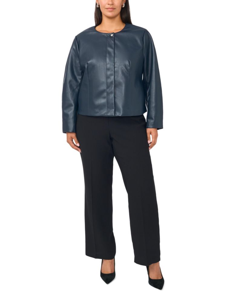 Plus Size Balloon Sleeve Faux Leather Crewneck Jacket