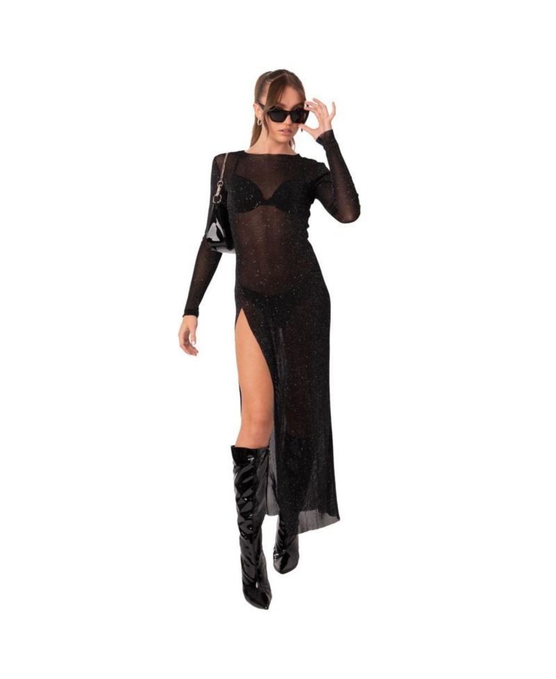 Women's Shiny Mesh Maxi Slit Dress