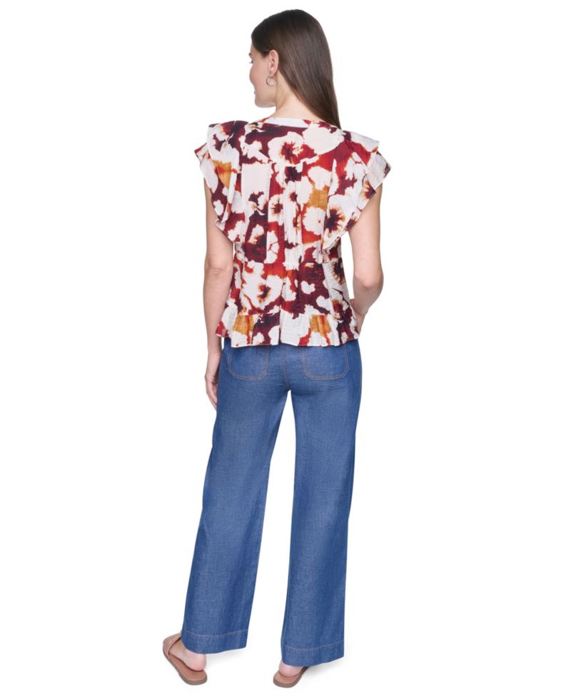 Women's Printed Flutter-Sleeve Pleated Blouse