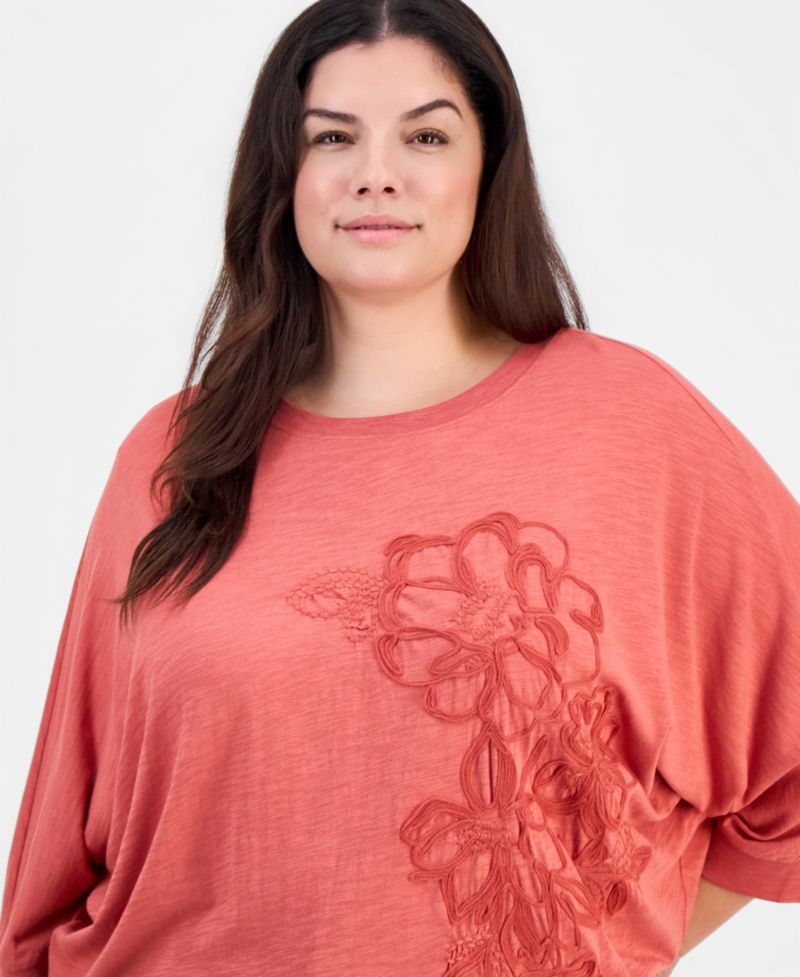 Plus Size Dolman-Sleeve Soutache Floral-Embroidered Top