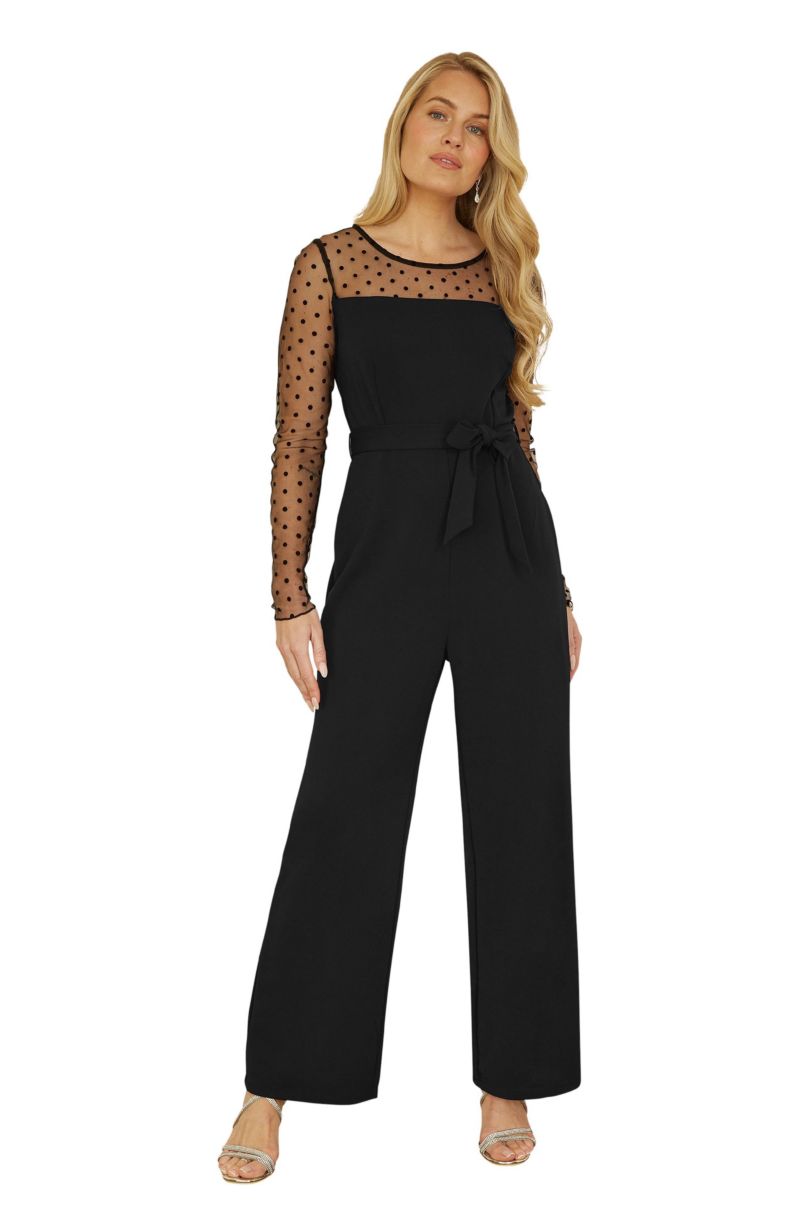 Women's Black Spot Mesh Stretch Jumpsuit