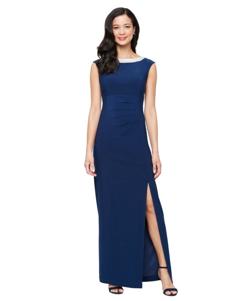 Women's Embellished-Neck Side-Slit Gown