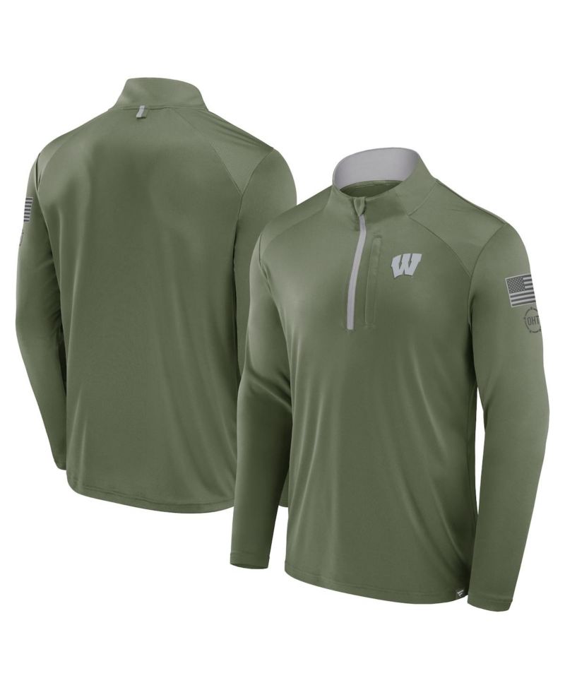 Men's Olive Wisconsin Badgers OHT Military Appreciation Defender Quarter-Zip Jacket