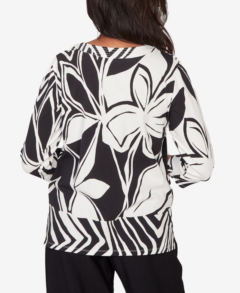 Women's Crowd Pleaser Dramatic Abstract Floral Split Neck Top