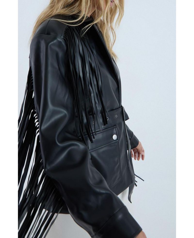 Women's Fringe Faux Leather Belted Jacket