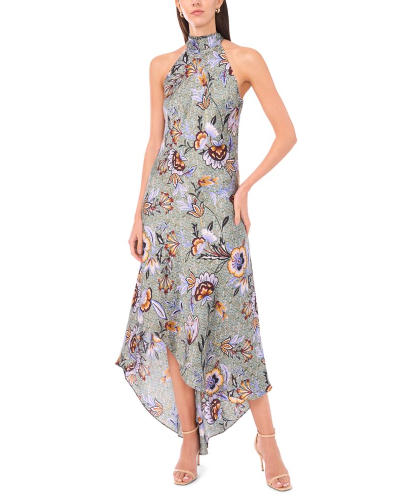 Women's Draped Satin Tie-Back Halter Midi Dress