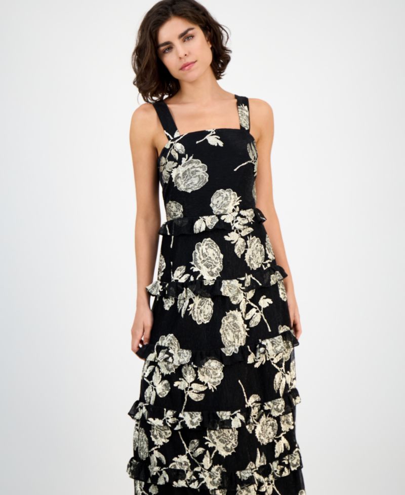 Women's Square-Neck Tiered Foil Midi Dress