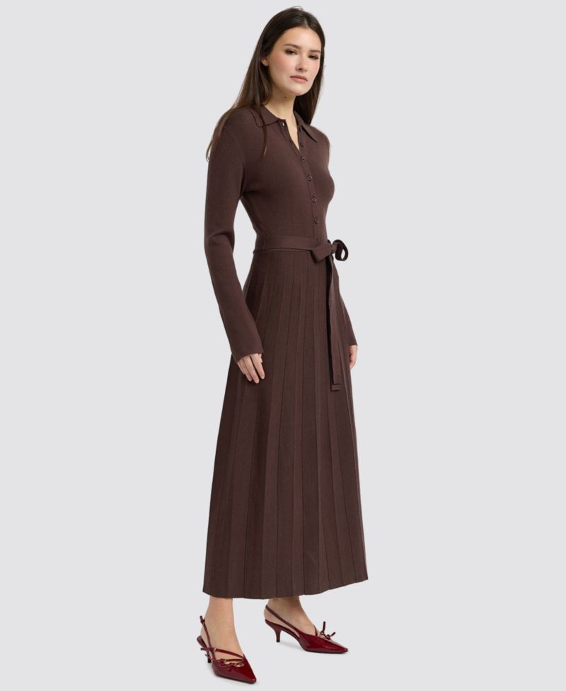 Women's Collared Button-Front Tie-Waist Pleated Knit Maxi Dress