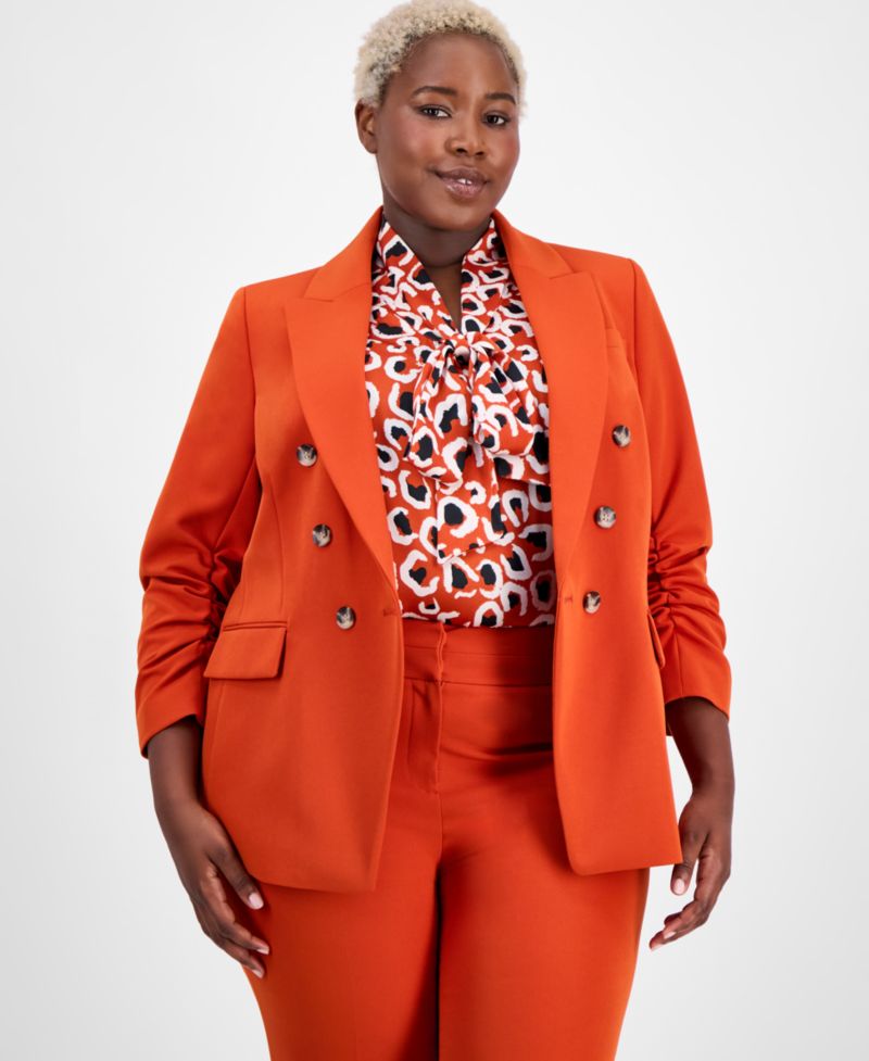 ASL Plus Size Double-Breasted Ruched-Sleeve Blazer
