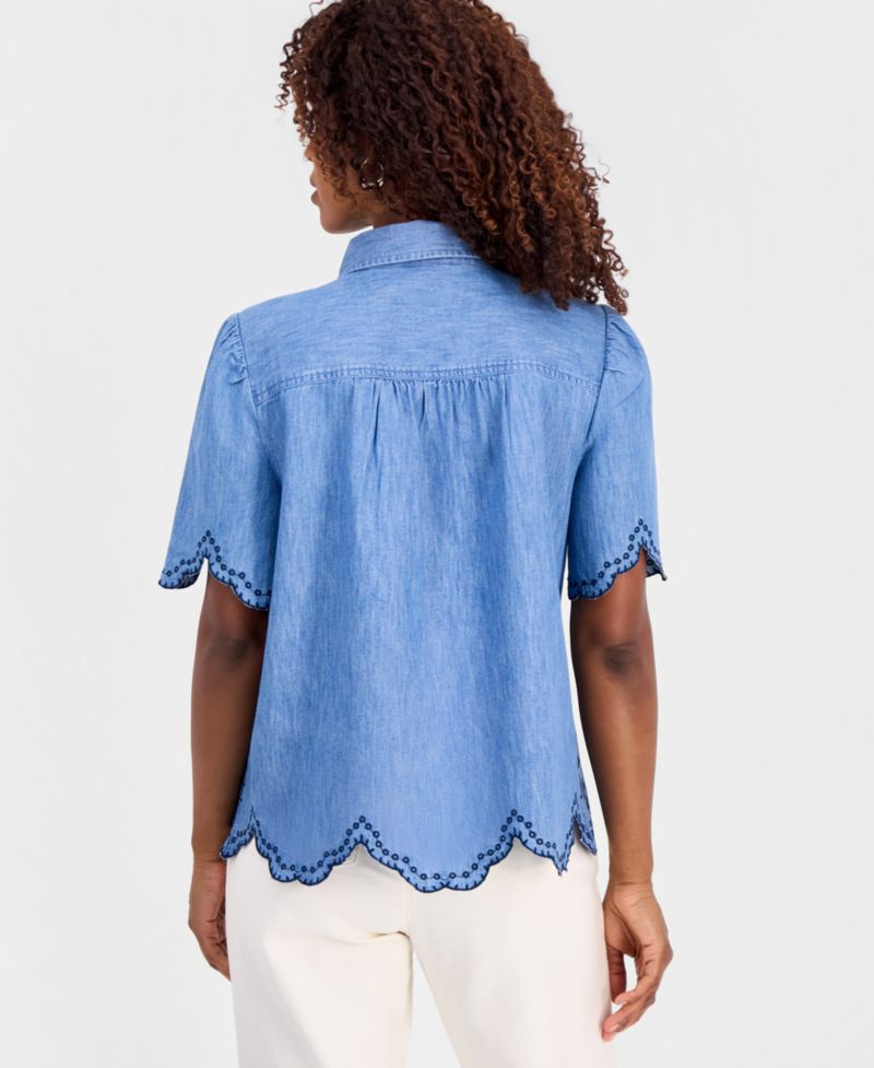 Women's Cotton Chambray Embroidered-Trim Shirt
