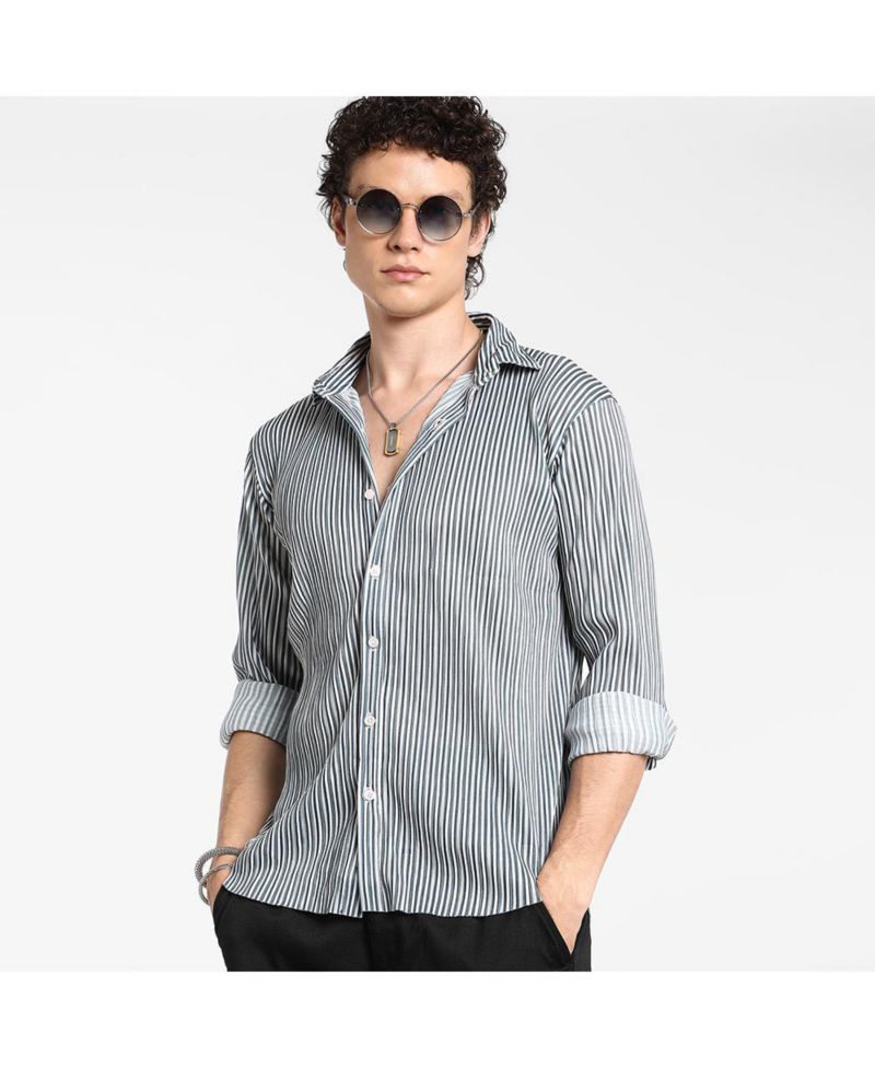 Men's Midnight Black and Powder White Pleat-Creased Shirt