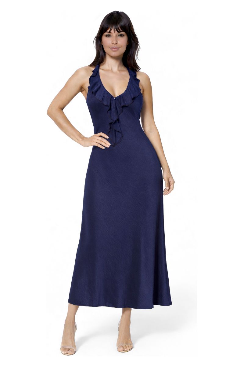 Women's Crushed Satin Ruffle Halter Maxi Dress
