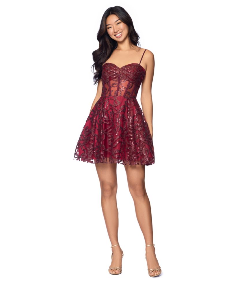 Juniors' Spaghetti-Strap Floral-Sequin Sweetheart Mini Dress